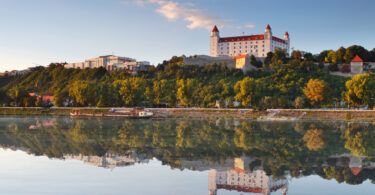 Bratislava castle with reflection in river Danube